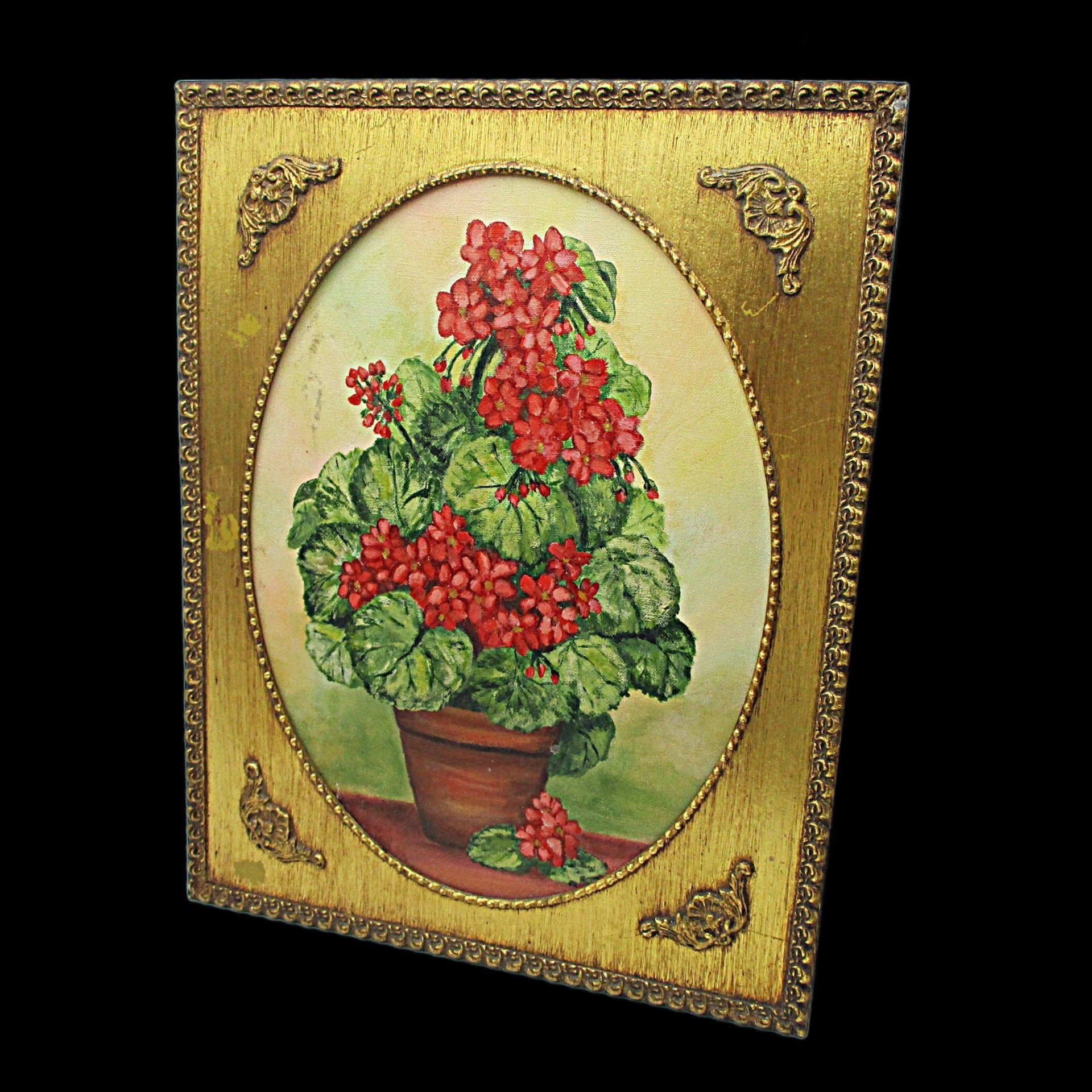 Original Oil Painting Red Geraniums, Gold Frame, 19 X 15 Inches, Farmhouse or French Country Wall Decor