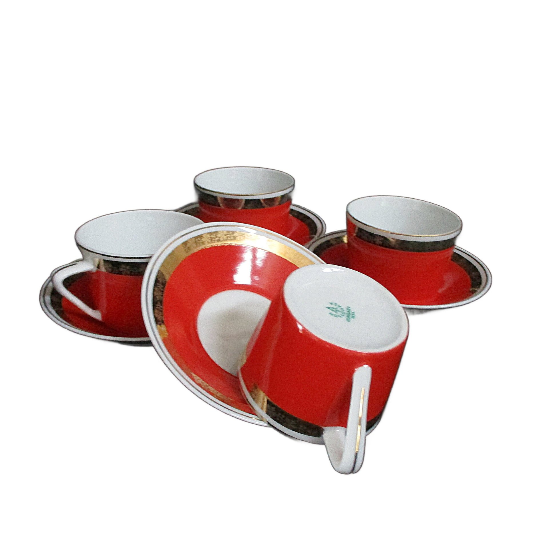 Espresso Cups and Saucers, Made in Hungary by Hollohaza, 8pcs, Red with Gold Trims, Hungarian Demitasse Set, Gift for Espresso Lover