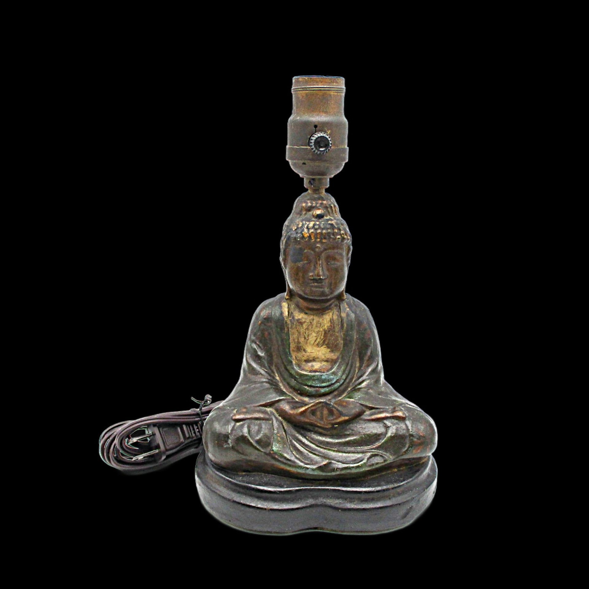Buddha Table Lamp, Mid Century, Dark Tones and Gold, Small Accent Lamp
