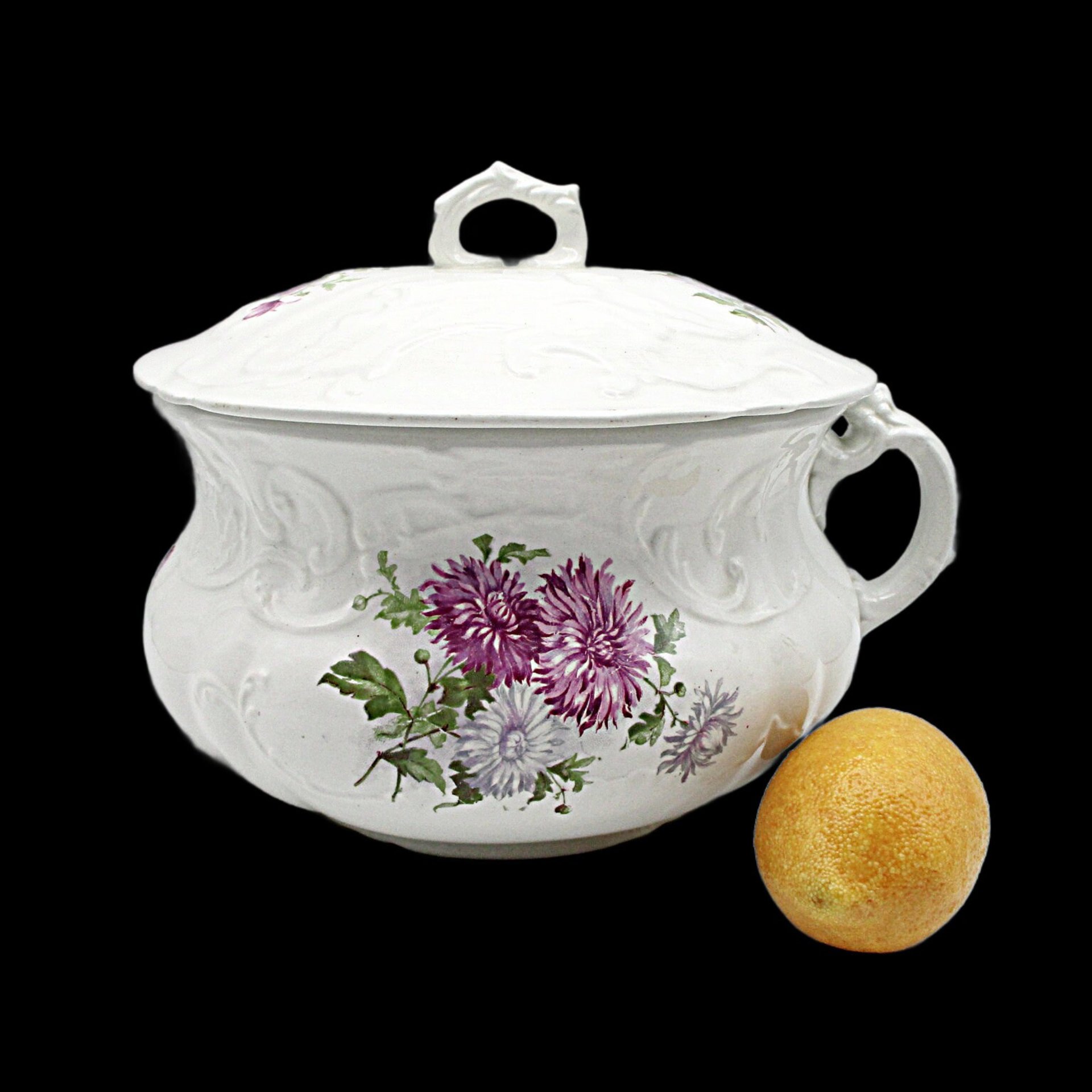 Chamber Pot, Dresden China, Lidded, Lavender and Violet Florals, Deeply Embossed, Wonderful Condition, Antique Bath Decor, French Country