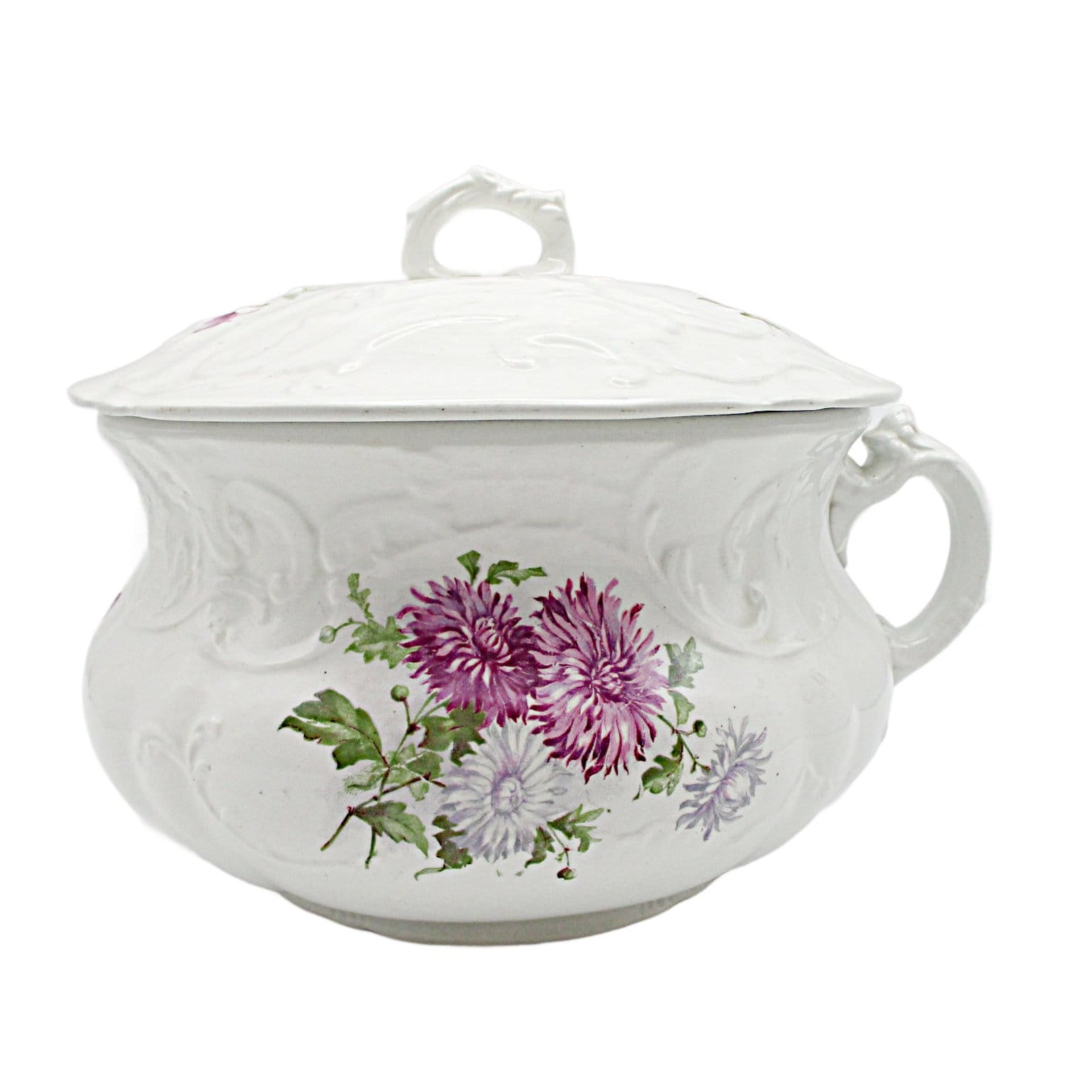 Chamber Pot, Dresden China, Lidded, Lavender and Violet Florals, Deeply Embossed, Wonderful Condition, Antique Bath Decor, French Country