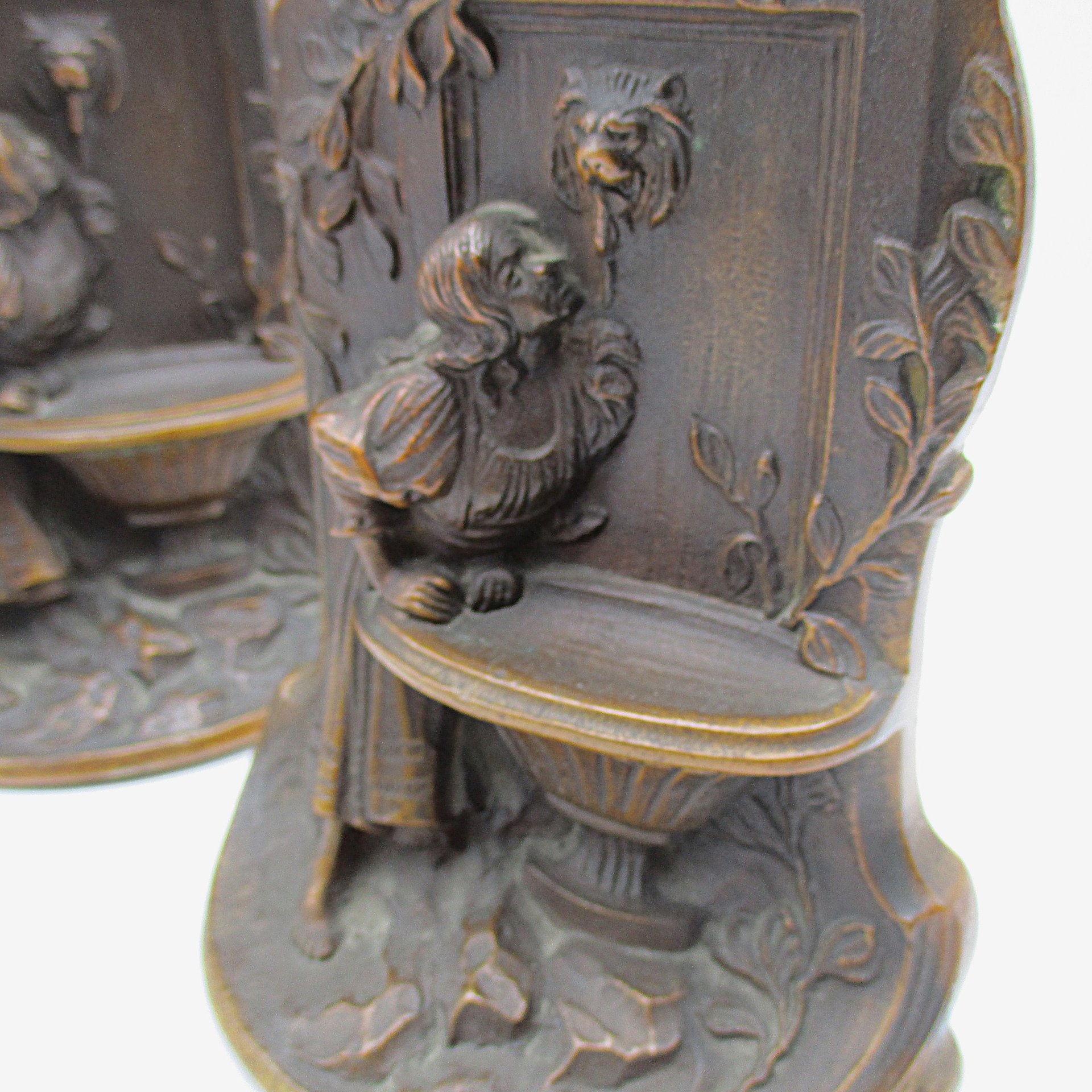 Solid Bronze Bookends, Girl at Fountain, Lions Head Faucet, Antique Heavy Bookends, Old World French Decor, Art Nouveau, 1920s