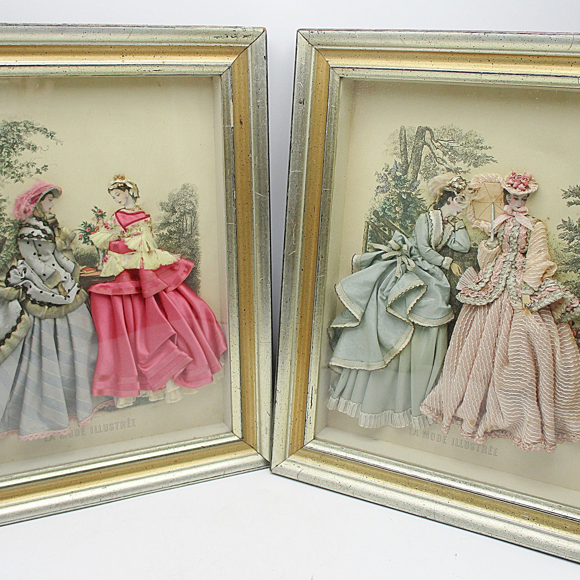 La Mode Illustree Fabric 3-D French Fashion Illustration, Shadowbox, Set of 2, French Fashion Wall Decor