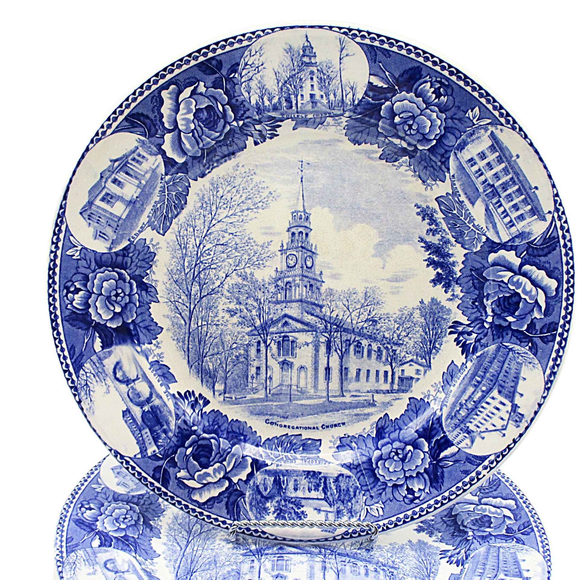 Wedgwood Congregational Church Dinner Plates Set of 6, Blue White Plates, Florals and Historical Buildings