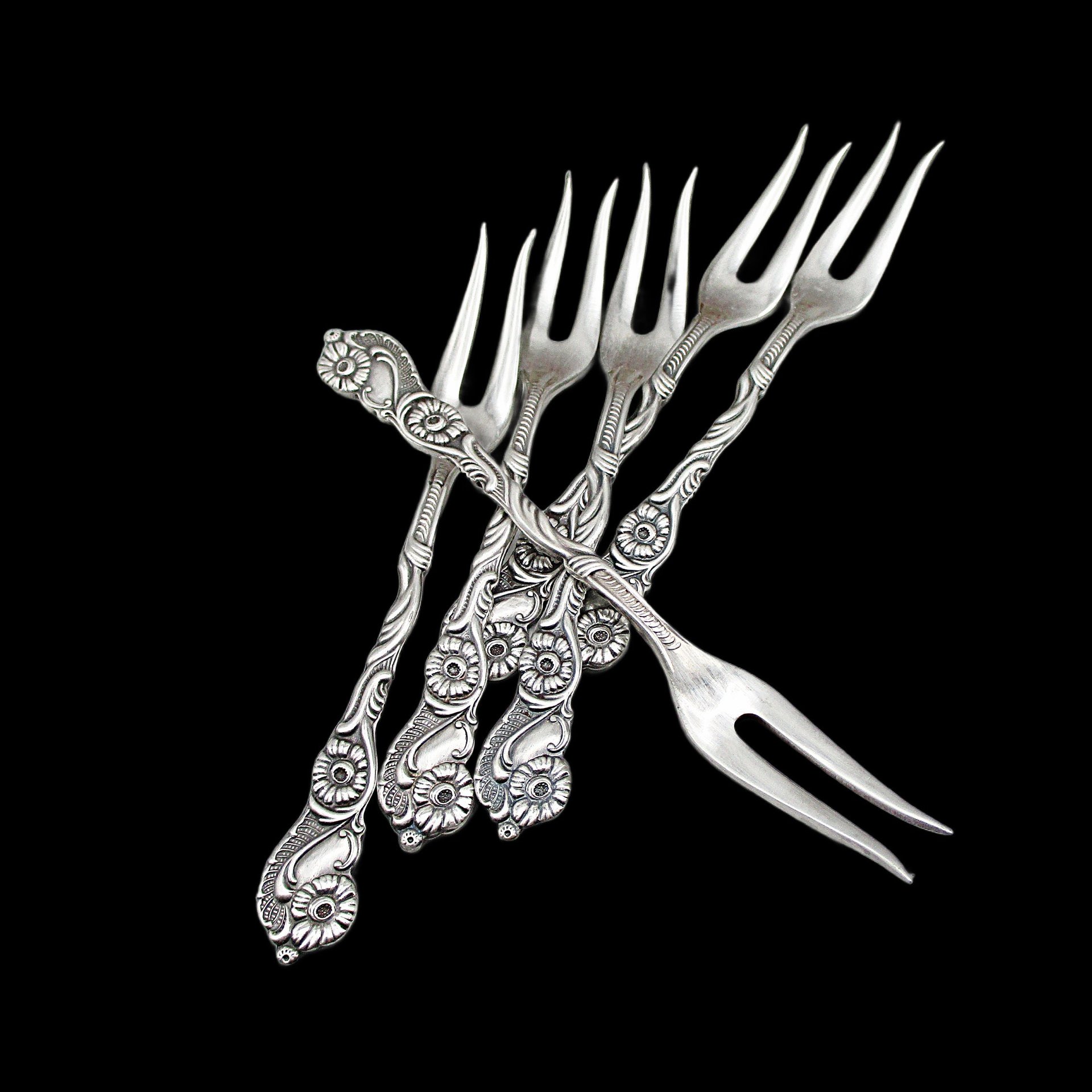 Set of 6, Small Forks by Nilsjohan for Seafood, Snail, Appetizer, Cocktail or Tidbits Forks, Made in Sweden, Ornate Handles, Original Box