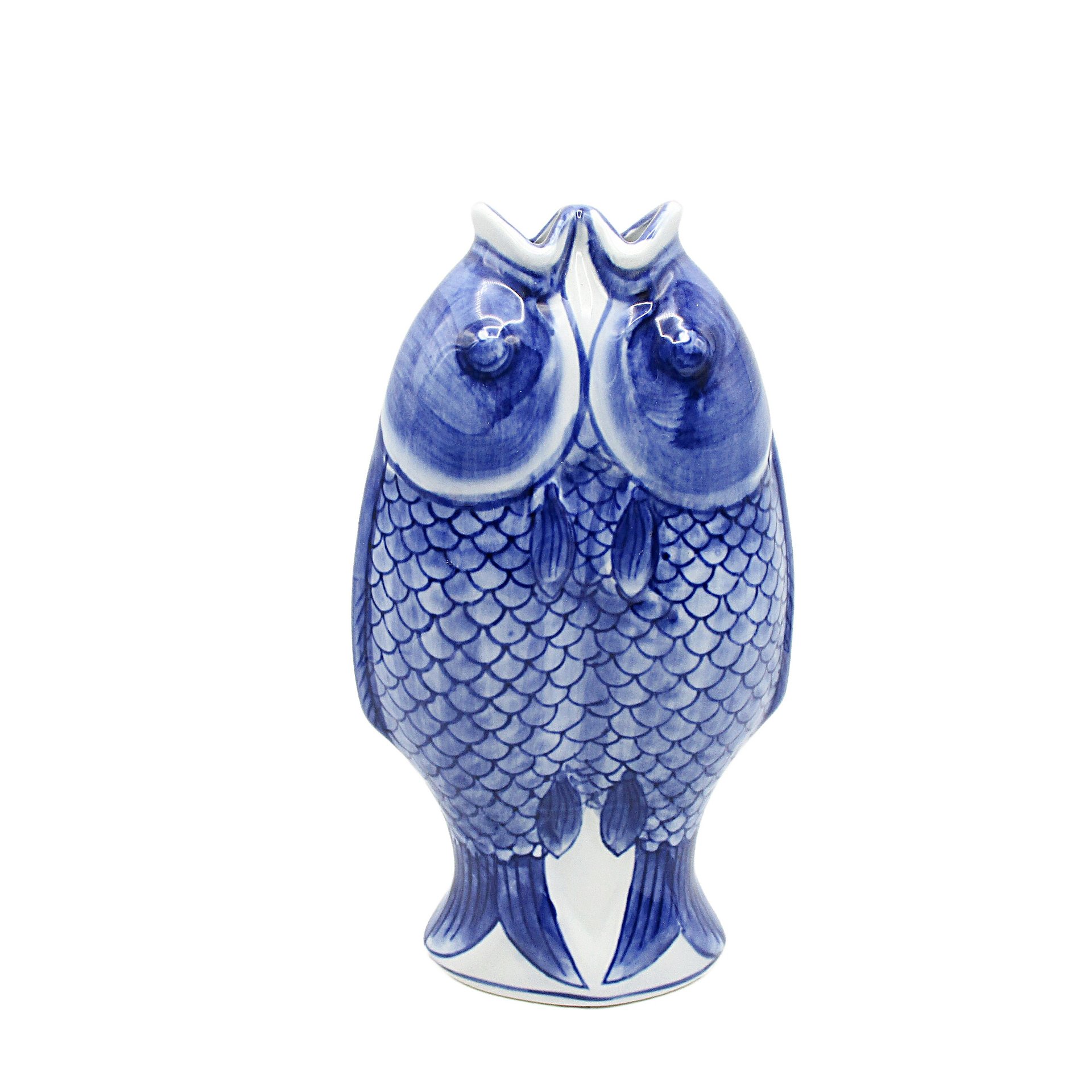 Double Koi Fish Vase Blue and White, Chinoiserie Decor, Tall and Heavy, Excellent Condition