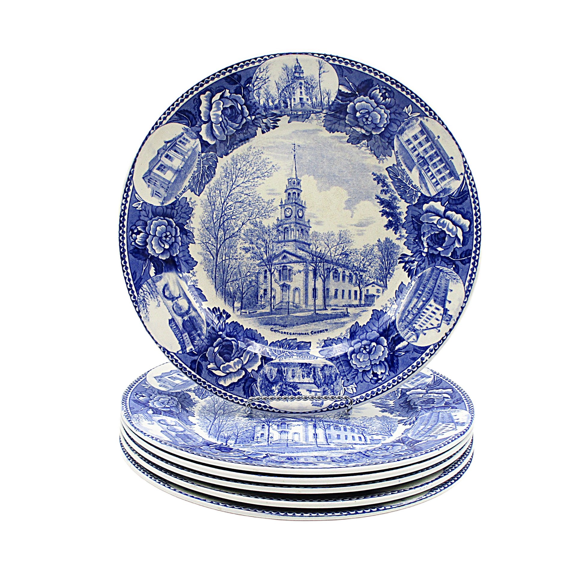 Wedgwood Congregational Church Dinner Plates Set of 6, Blue White Plates, Florals and Historical Buildings
