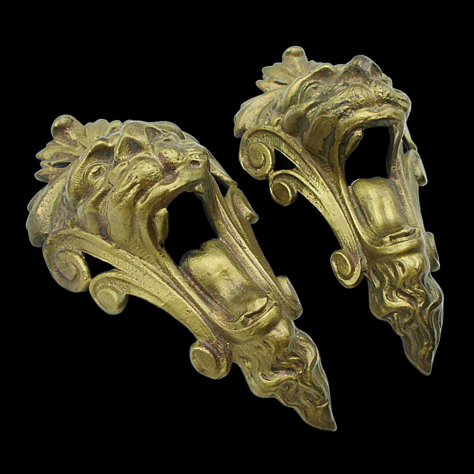 Brass Lion Head Furniture or Mantle Hardware, Decorative Wall Pieces, Corner Pieces, Furniture Enhancements, Set of 2, Multiples Available