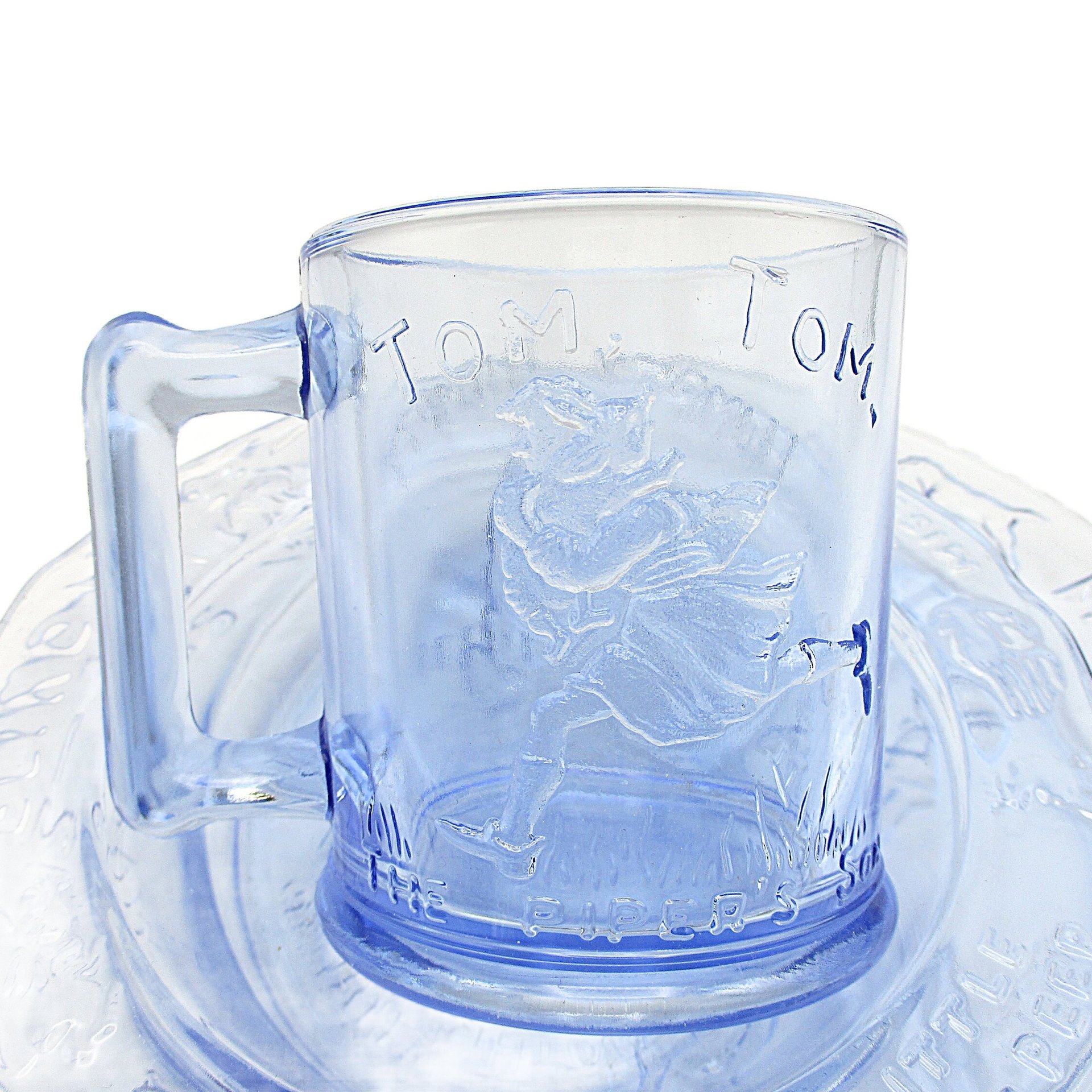 Childs Dinnerware, Tiara Indiana Glass Blue 3pc Set, Bowl, Divided Plate and Mug Cup, Nursery Rhymes, Gift for Baby Shower or Grandchild