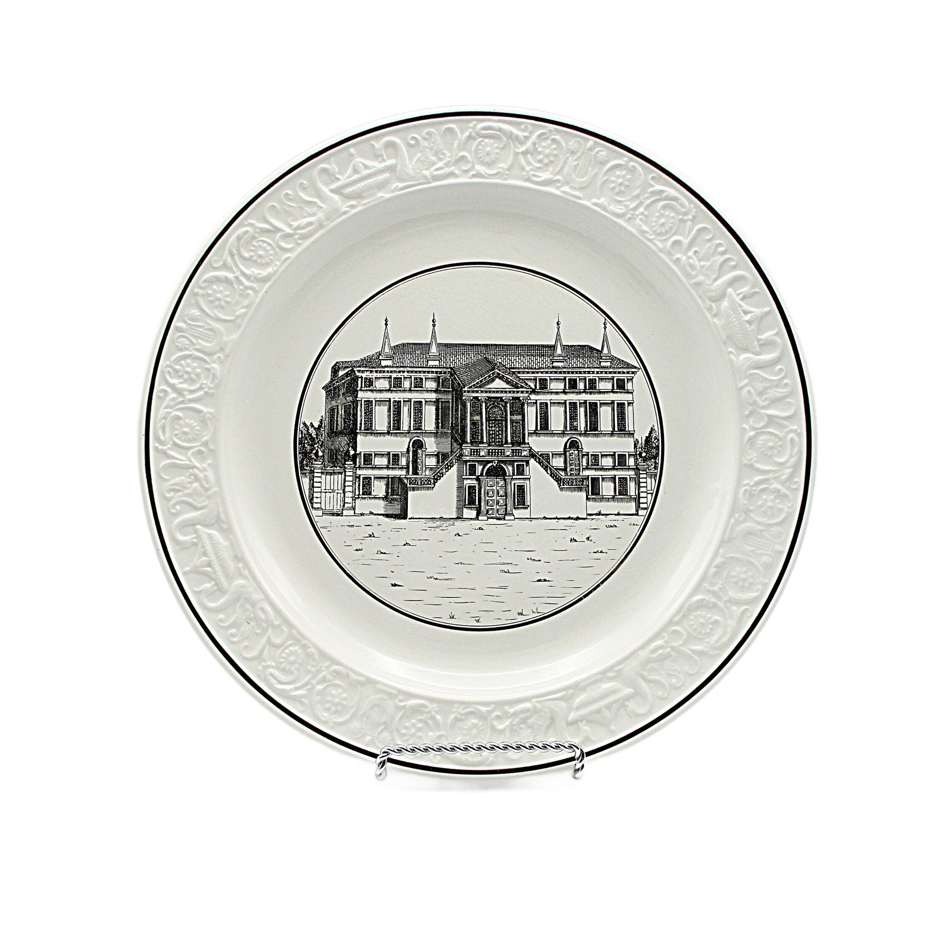 Mottahedeh Dinner Plate, Neoclassical Architectural Building, 10 Inch, Black on White, Made in Italy