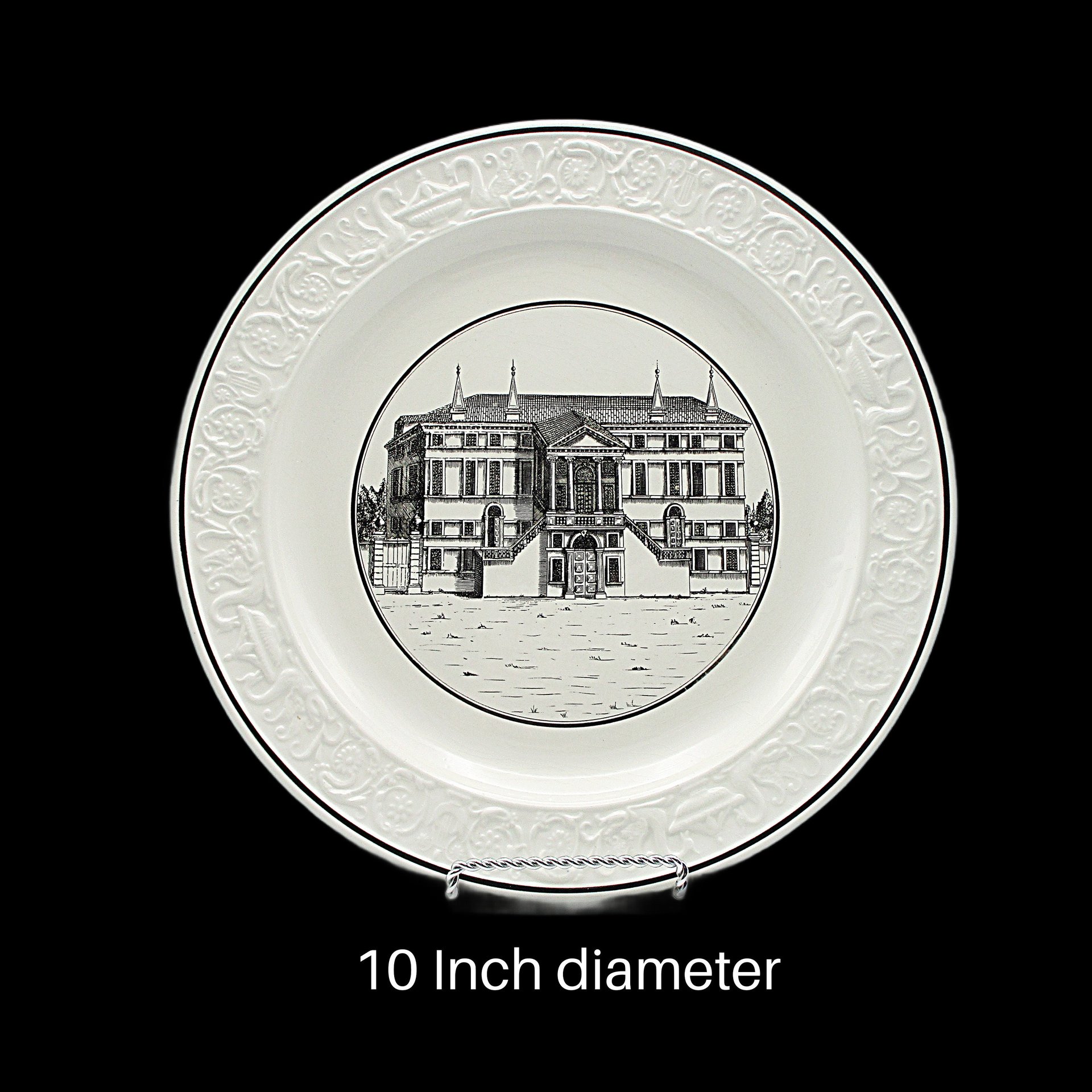 Mottahedeh Dinner Plate, Neoclassical Architectural Building, 10 Inch, Black on White, Made in Italy