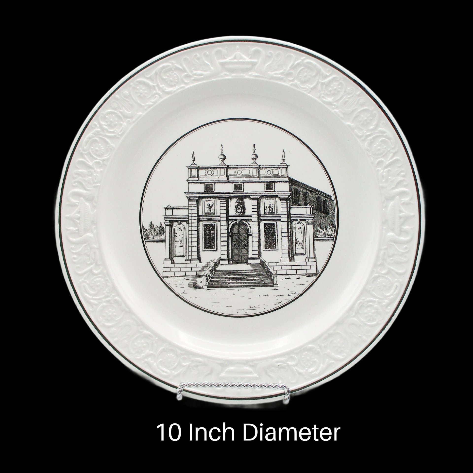 Mottahedeh Dinner Plate, Neoclassical Architectural Building, 10 Inch, Black on White, Made in Italy