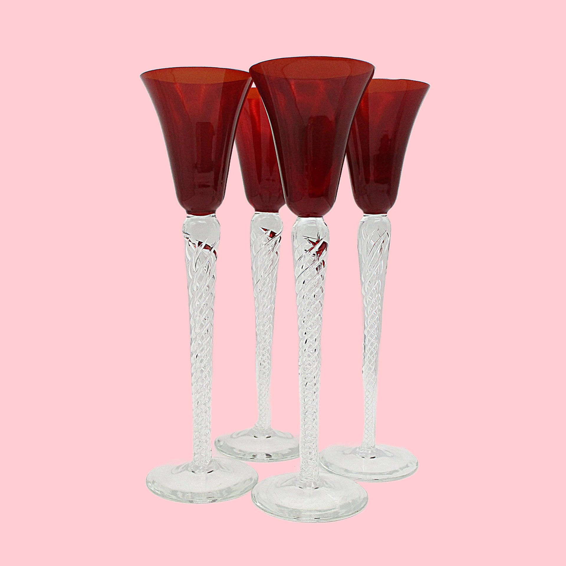 Red Cordials or Liquor Glasses, Long Stemmed, Spiral Stem, Elegant Romantic Barware, Gift for Valentines Day, Excellent Condition, Set of 4