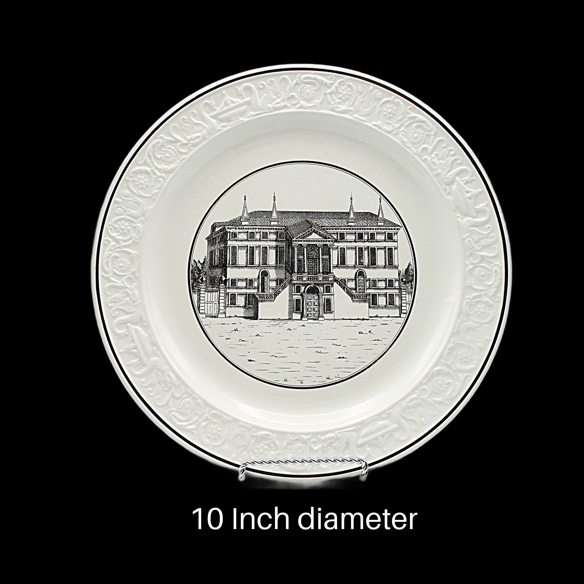 Mottahedeh Dinner Plate, Neoclassical Architectural Building, 10 Inch, Black on White, Made in Italy