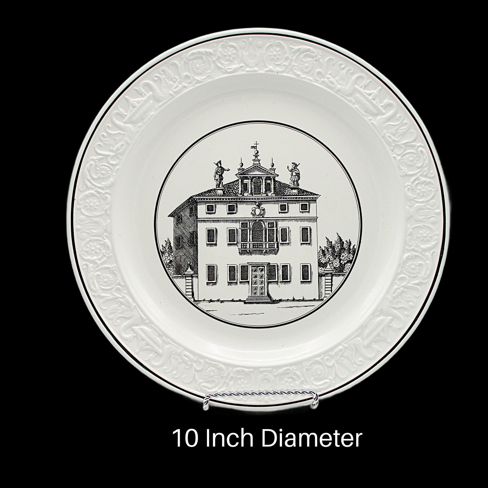 Mottahedeh Dinner Plate, Neoclassical Architectural Building, 10 Inch, Black on White, Made in Italy