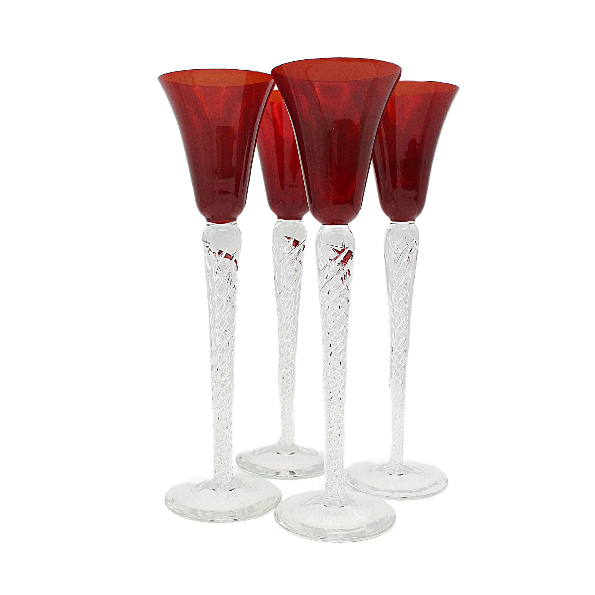 Red Cordials or Liquor Glasses, Long Stemmed, Spiral Stem, Elegant Romantic Barware, Gift for Valentines Day, Excellent Condition, Set of 4