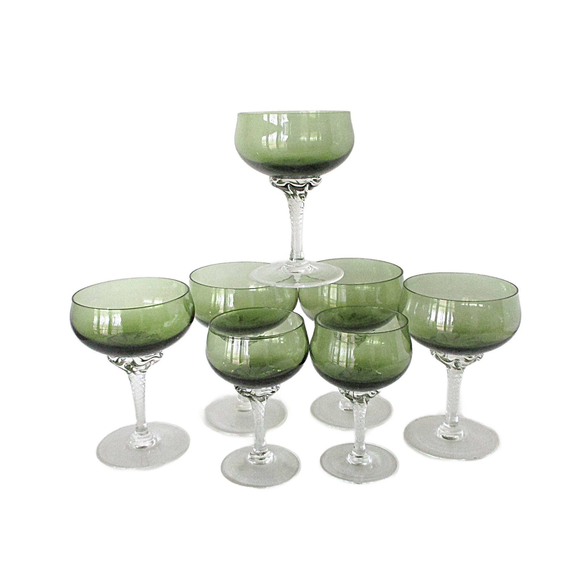 Green Champagne and Cordial Glasses, Celebrity Stemware, Wedding Gift, Gift for Wine Lovers, Toasting Glasses, Set of 7