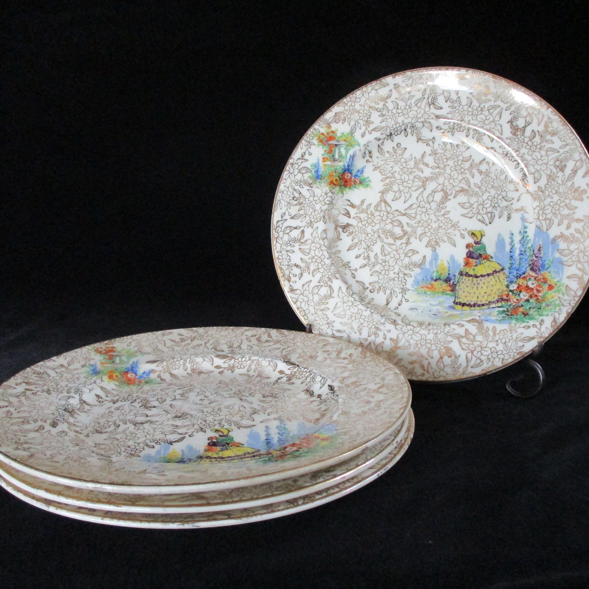 Victorian Lady Bread Plates, Empire England, Spring Florals with Gold Borders and Gold Flowers, Tablescaping, Set of 4