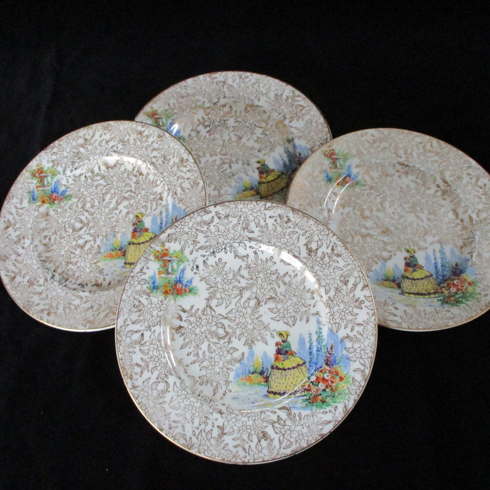 Victorian Lady Bread Plates, Empire England, Spring Florals with Gold Borders and Gold Flowers, Tablescaping, Set of 4