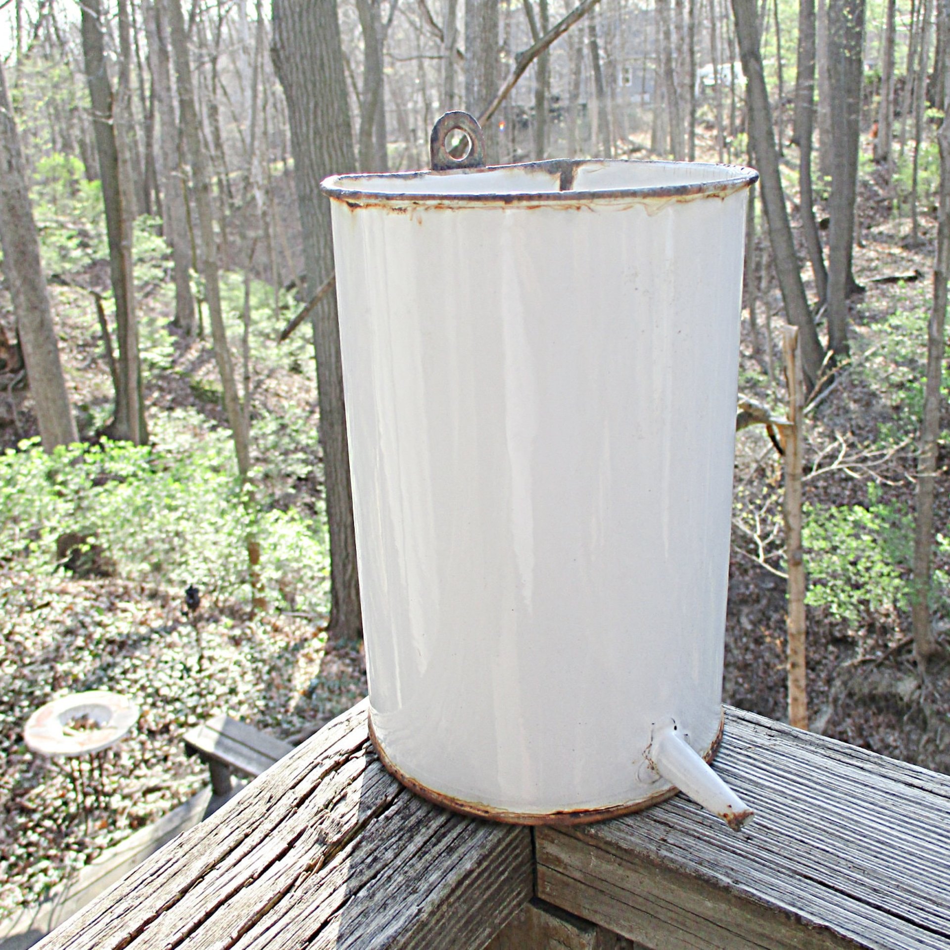 Enamelware Medical Container with Spout, White, Hook for Mounting on Wall, Rustic or Primitive Kitchen Decor or Storage