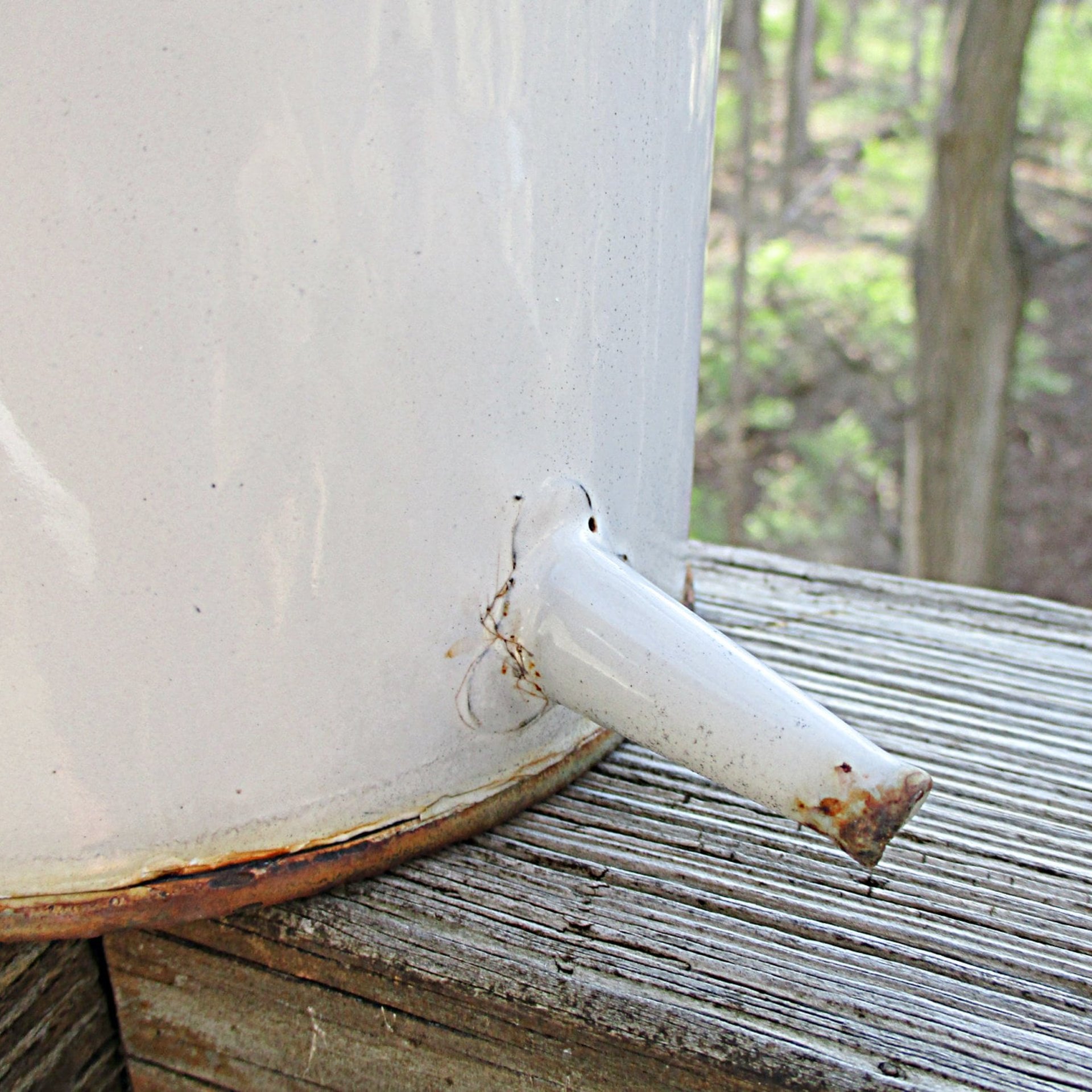 Enamelware Medical Container with Spout, White, Hook for Mounting on Wall, Rustic or Primitive Kitchen Decor or Storage