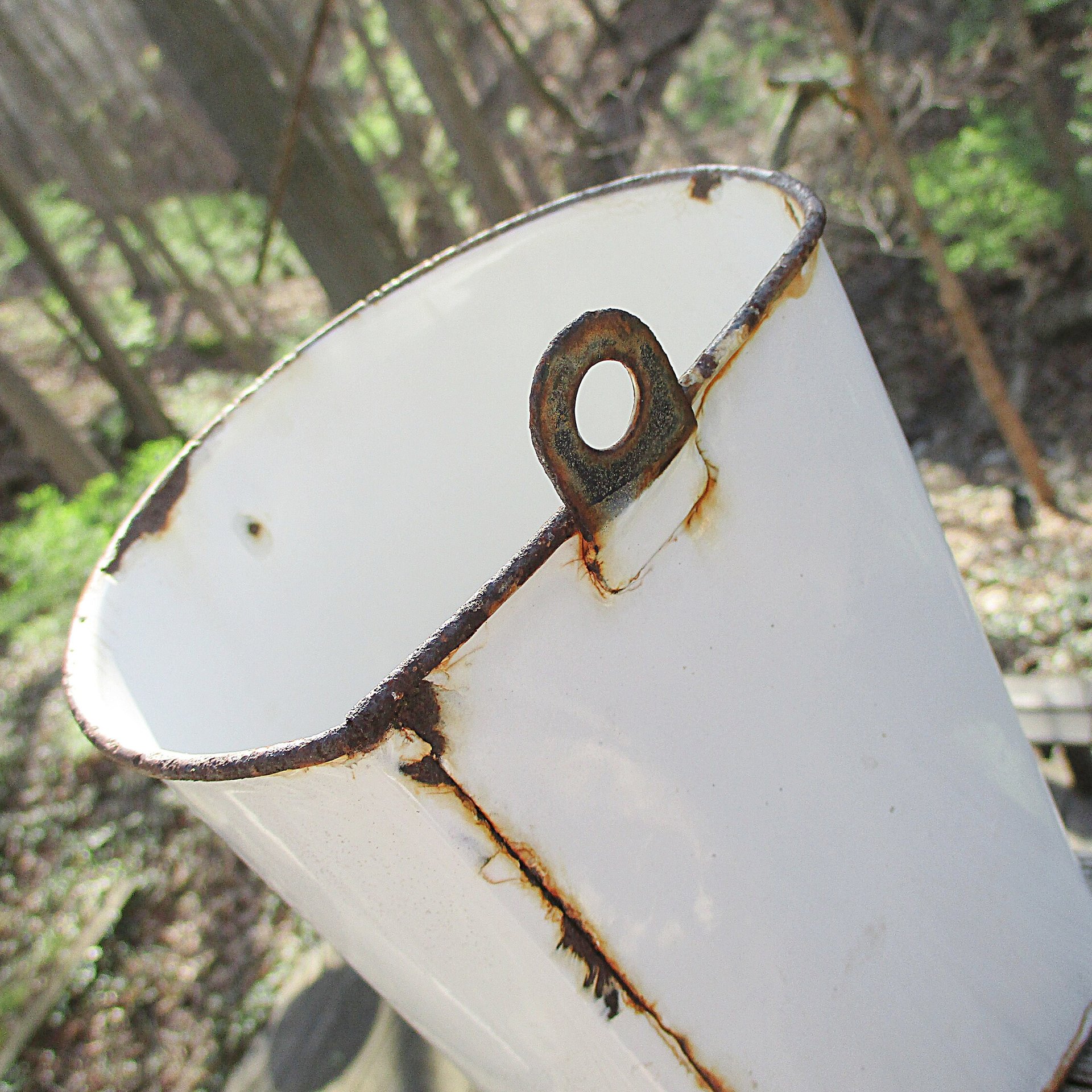 Enamelware Medical Container with Spout, White, Hook for Mounting on Wall, Rustic or Primitive Kitchen Decor or Storage