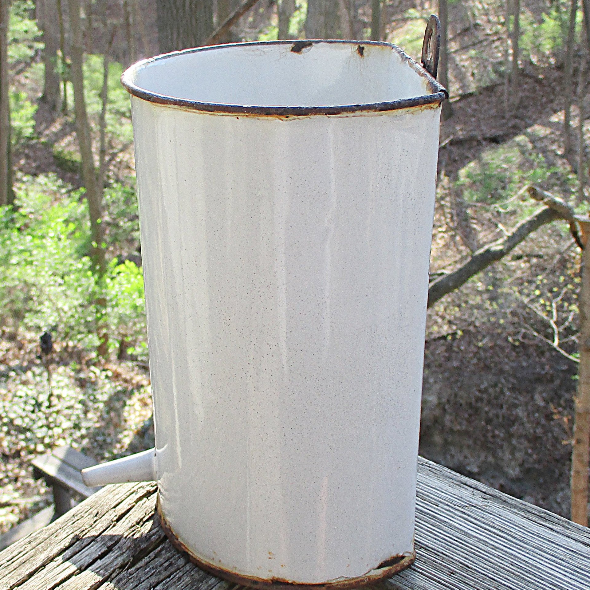 Enamelware Medical Container with Spout, White, Hook for Mounting on Wall, Rustic or Primitive Kitchen Decor or Storage