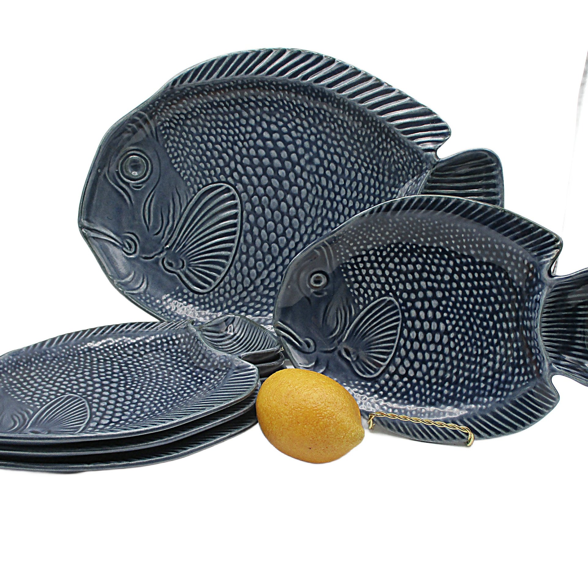 Fish Serving Set, 5pc, Platter and Side Plates, Sushi Set, Slate Blue Gray, Deep Relief, Tropical Dishes, MCI Japan, Wedding Gift, 1960s