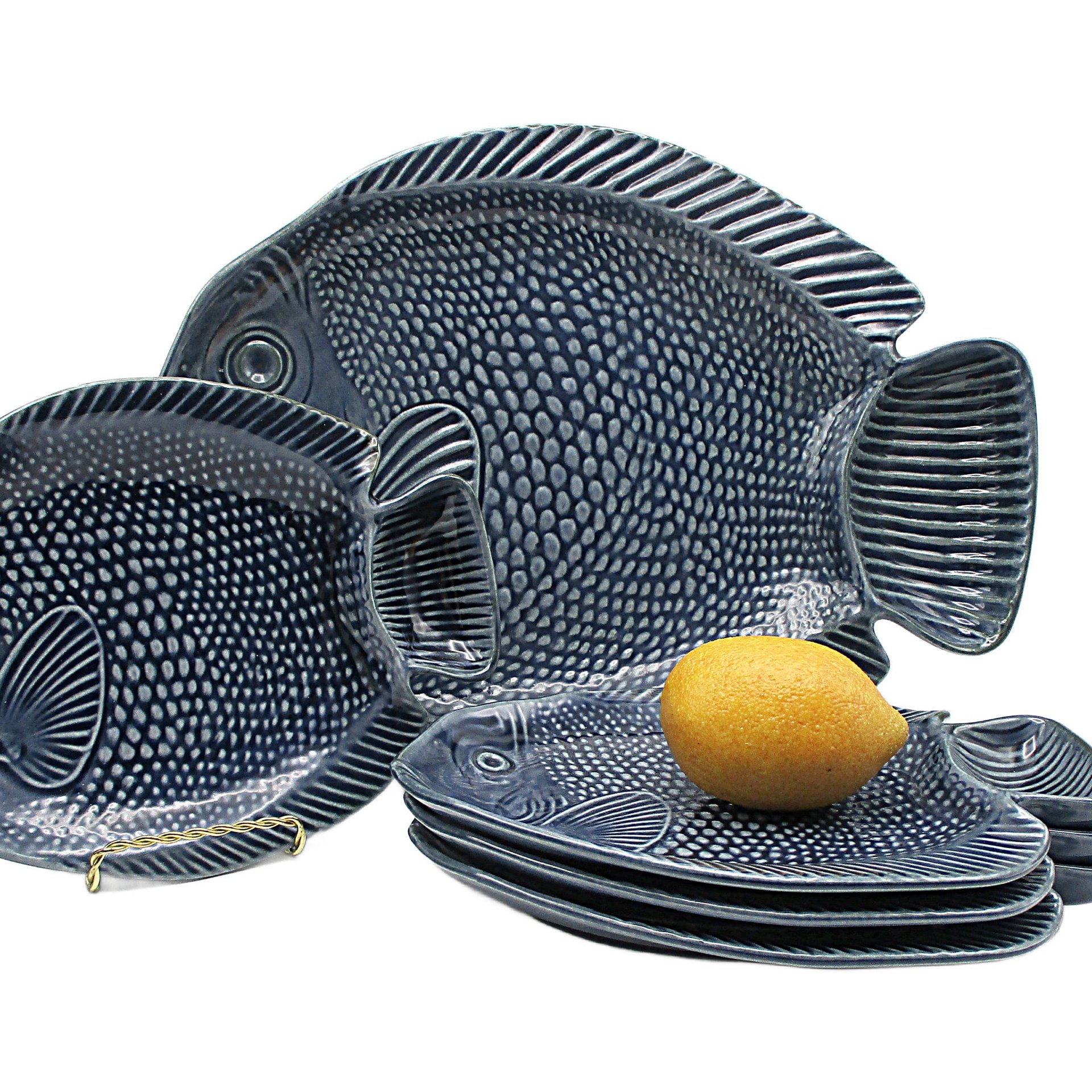 Fish Serving Set, 5pc, Platter and Side Plates, Sushi Set, Slate Blue Gray, Deep Relief, Tropical Dishes, MCI Japan, Wedding Gift, 1960s