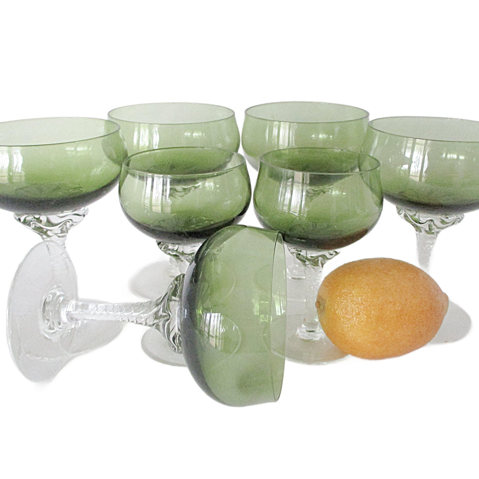 Green Champagne and Cordial Glasses, Celebrity Stemware, Wedding Gift, Gift for Wine Lovers, Toasting Glasses, Set of 7