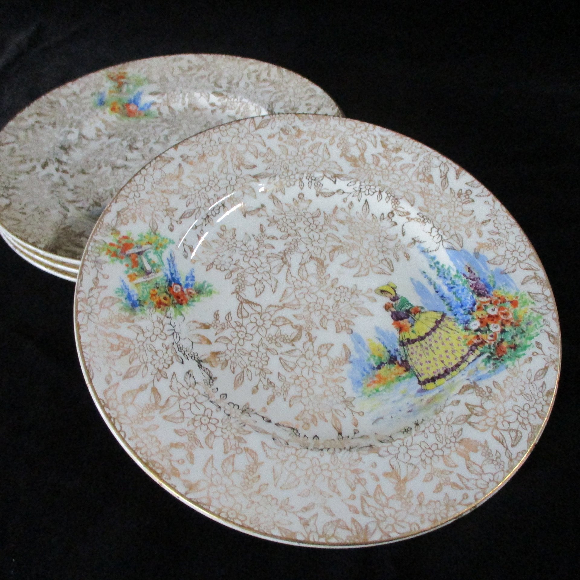 Victorian Lady Bread Plates, Empire England, Spring Florals with Gold Borders and Gold Flowers, Tablescaping, Set of 4