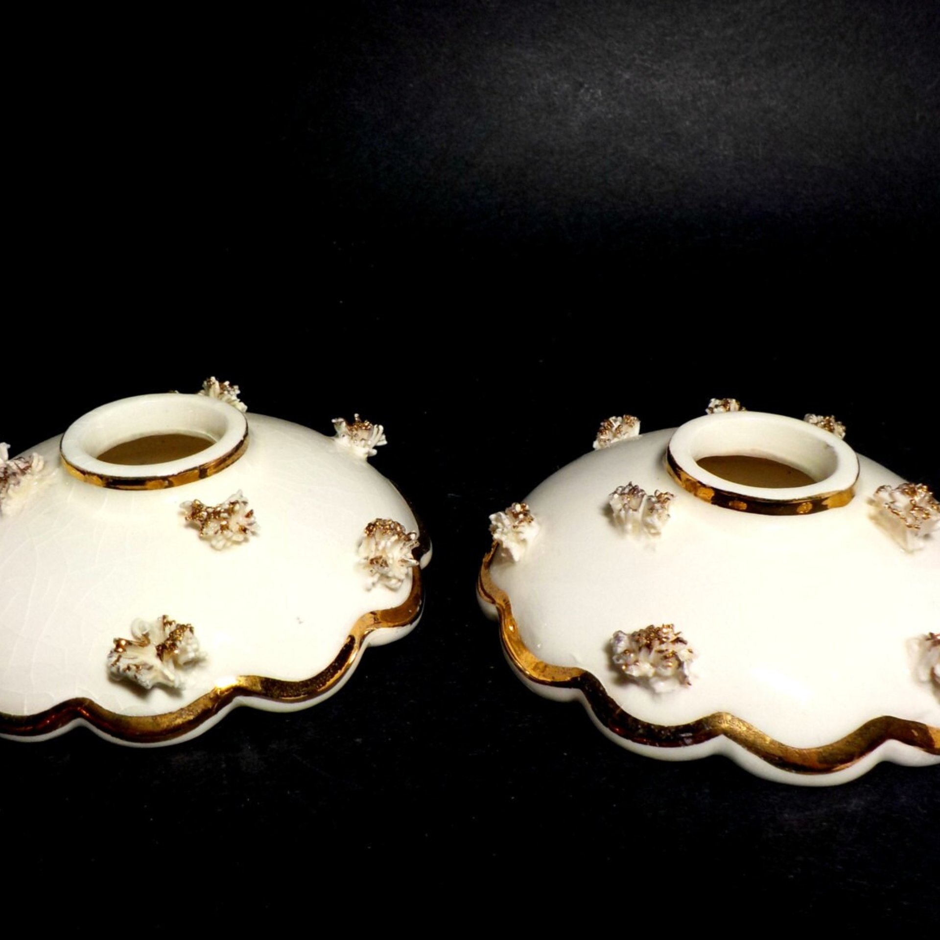 Candle Holders Mid Century, Holt Howard, Pair of Creamy White 22kt Gold Trim, Spaghetti Flower, Scalloped, Make Offer