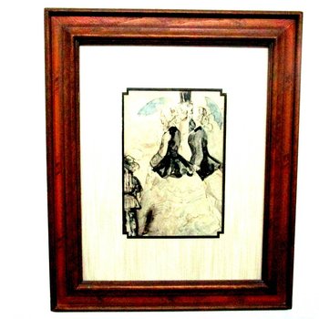 Victorian Etching, Watercolor, Victorian Ladies and Gentleman with Umbrella, Matted and Framed, Victorian Decor, Vintage Gifts