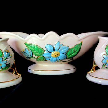 Hull Pottery, Hull Console Set, Bowl and 2 Candle Holders, Blue Florals on Pink, Mid Century Statement Piece, Wedding Gift
