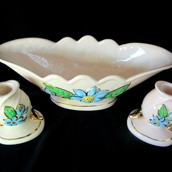 Hull Pottery, Hull Console Set, Bowl and 2 Candle Holders, Blue Florals on Pink, Mid Century Statement Piece, Wedding Gift