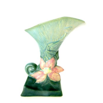 Roseville Pottery Vase, Clematis Cornucopia, Green Pink, American Art Pottery, Ohio Pottery