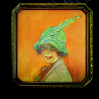 Vintage Framed Print, Tory, Girl with Piccolo, In Feathered Hat, Campbell Print Inc, New York