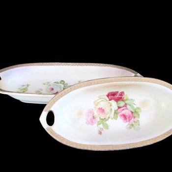 Antique Celery Boats, Pair of Serving Bowls, KL Germany, Relish Dish, Vegetable Plates, Roses with Gold Trim, Made in Germany, Wedding Gift