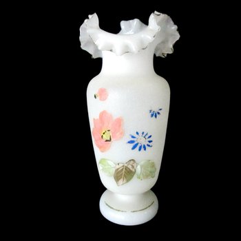 Antique Victorian Vase, Bristol Opaline, Ruffled Lip, Double Crimp, Hand Painted, Victorian Decor, 1920s