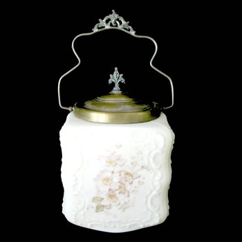 Wave Crest, Biscuit Jar, Porcelain Cracker Jar, Creamy White, Hand Painted Florals, Metal Lid and Ornate Handle
