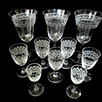 Bryce Crystal Stemware, Etched Barware, Wine Glasses, Water Goblets, Cordials and Liquors, Etch 327,  Total 10 Pieces,  Excellent Condition