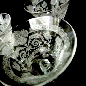 Tiffin Capri Sherry Glasses Cordials Liquors, Tiffin Passion Flower, Set of 3, Tiffin Franciscan Etched Stemware, Excellent Condition