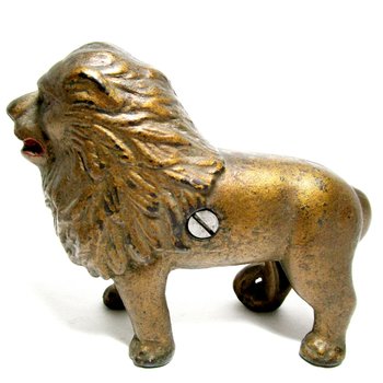Cast Iron Lion Coin Bank, A. C. Williams , Tail Right, Gold Finish, Heavy Piggy Bank, 1920s