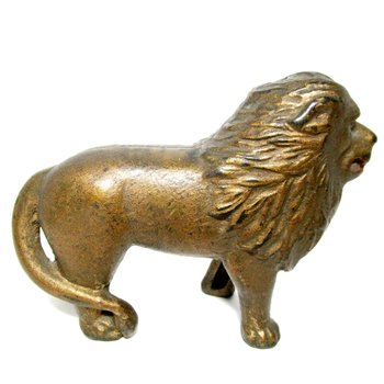 Cast Iron Lion Coin Bank, A. C. Williams , Tail Right, Gold Finish, Heavy Piggy Bank, 1920s