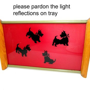 Mid Century Serving Tray, Black Scottish Terriers on Red Background, Wood Handles, Scottie Cocktail Tray, Large 18 inches by 11 Inches