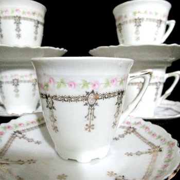 Antique Demitasse Set of 5, Cups and Saucers, Pink Florals, Gold Highlights, Made in Bavaria Germany, Wedding Gift