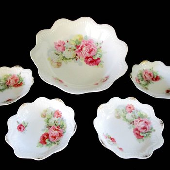 Antique Berry Set, Serving Bowl and 4 Berry Bowls, Made in Germany, Pink Roses. Scalloped and Embossed, Wedding Gift