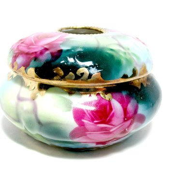 Antique Nippon Hair Receiver, Vanity Dish, Cobalt Blue, Pink Flowers, Gold Gilt Trims, Bath Decor