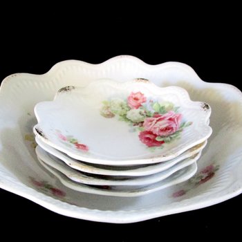 Antique Berry Set, Serving Bowl and 4 Berry Bowls, Made in Germany, Pink Roses. Scalloped and Embossed, Wedding Gift