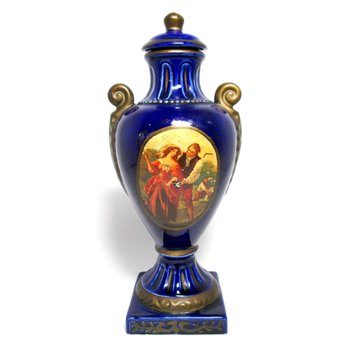 Wine Carafe, Liquor Decanter, Courting Couple, Cobalt Blue, Gold Gilt Trim, Cork Stopper, Made in Germany